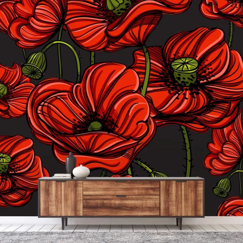 Fototapete kräftige rote mohnblumen illustration – Wallnifity®