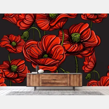 Fototapete kräftige rote mohnblumen illustration – Wallnifity®