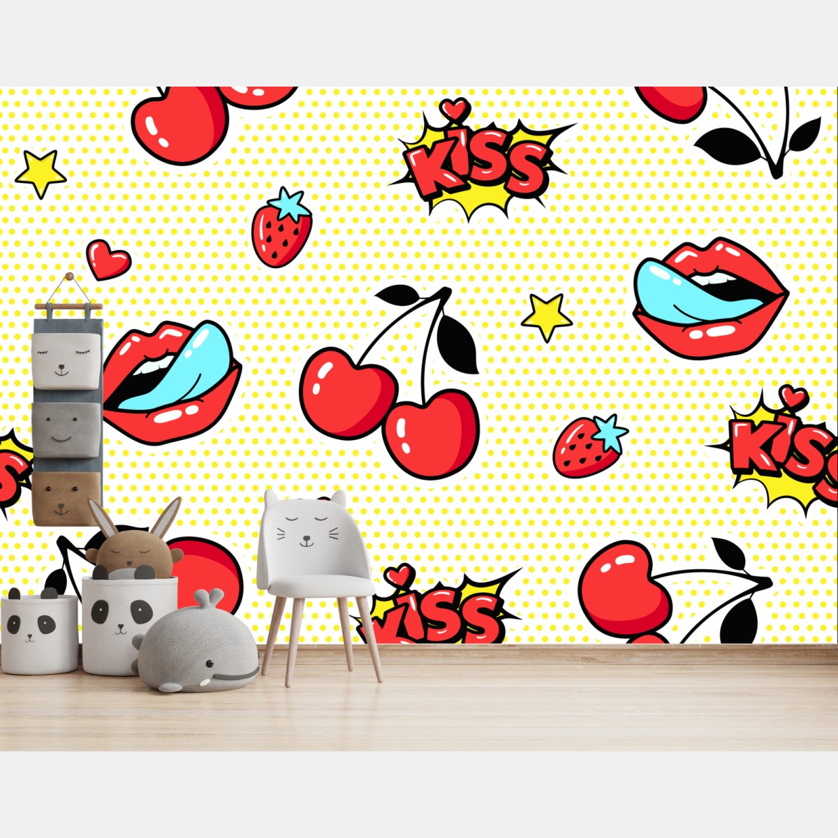 Fototapete verspieltes pop-art kirschen-kuss muster – Wallnifity®