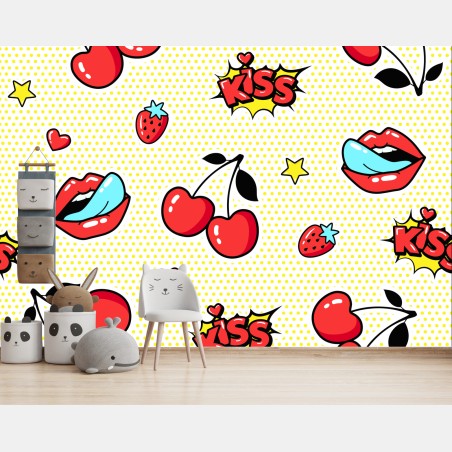 Fototapete verspieltes pop-art kirschen-kuss muster – Wallnifity®