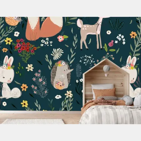 Fototapete waldfreunde blumenmuster fürs kinderzimmer – Wallnifity®