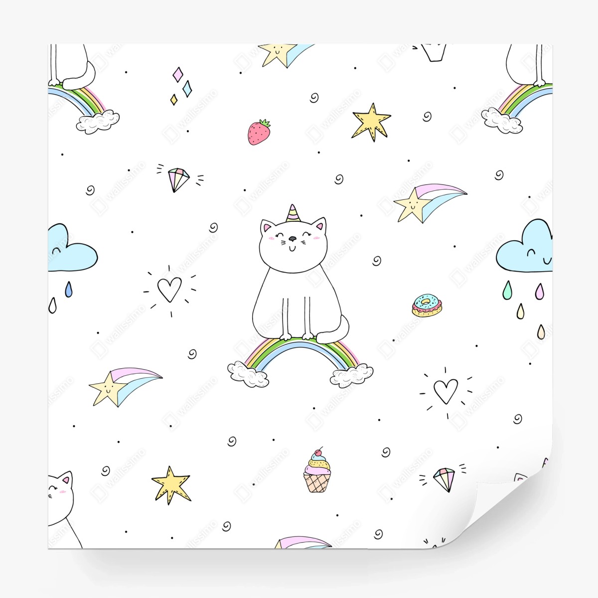 Fototapete pastell-einhornkatze auf dem regenbogen – Wallnifity®