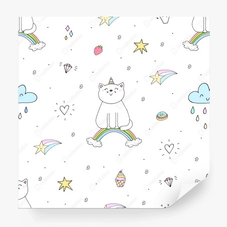 Fototapete pastell-einhornkatze auf dem regenbogen – Wallnifity®