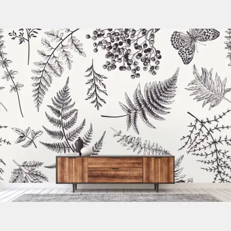 Fototapete monochromes botanisches blättermuster – Wallnifity®