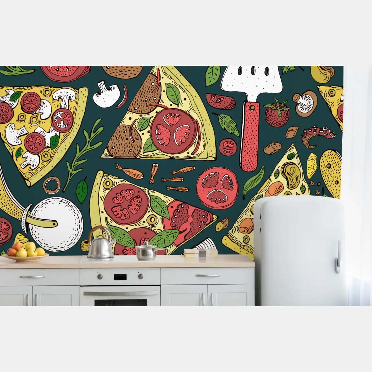 Fototapete buntes muster mit pizzastücken – Wallnifity® Fototapete buntes muster mit pizzastücken – Wallnifity®