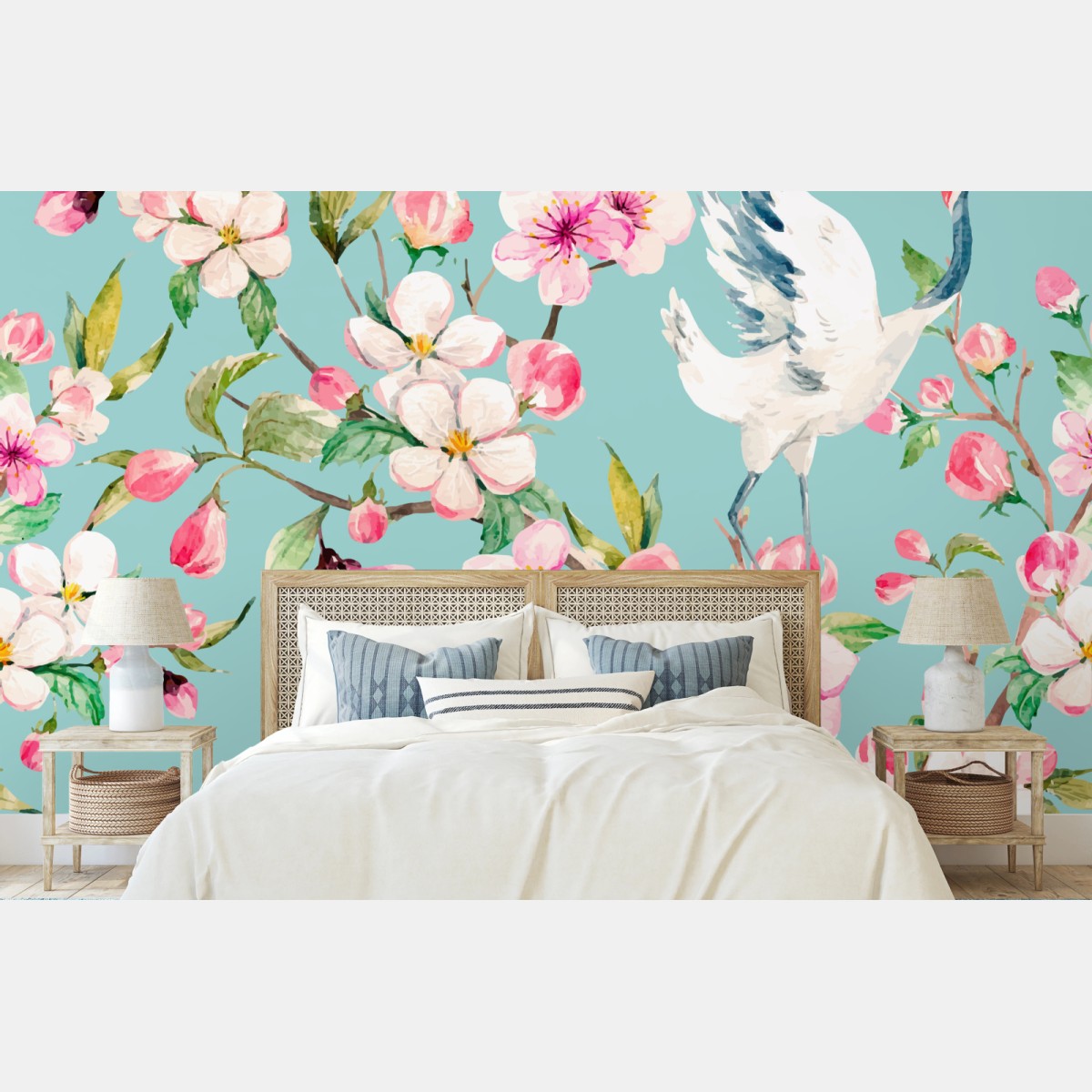 Fototapete türkises kirschblüten- und kranichmuster – Wallnifity®