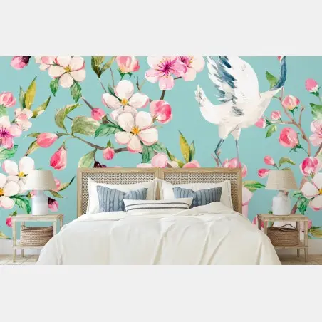 Fototapete türkises kirschblüten- und kranichmuster – Wallnifity®