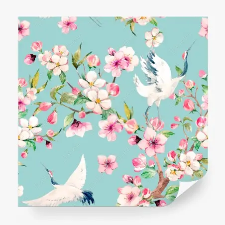 Fototapete türkises kirschblüten- und kranichmuster – Wallnifity®