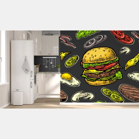 Fototapete buntes burger-muster mit zutaten – Wallnifity®