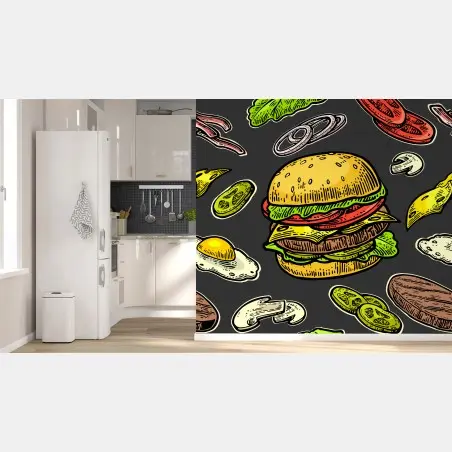 Fototapete buntes burger-muster mit zutaten – Wallnifity®