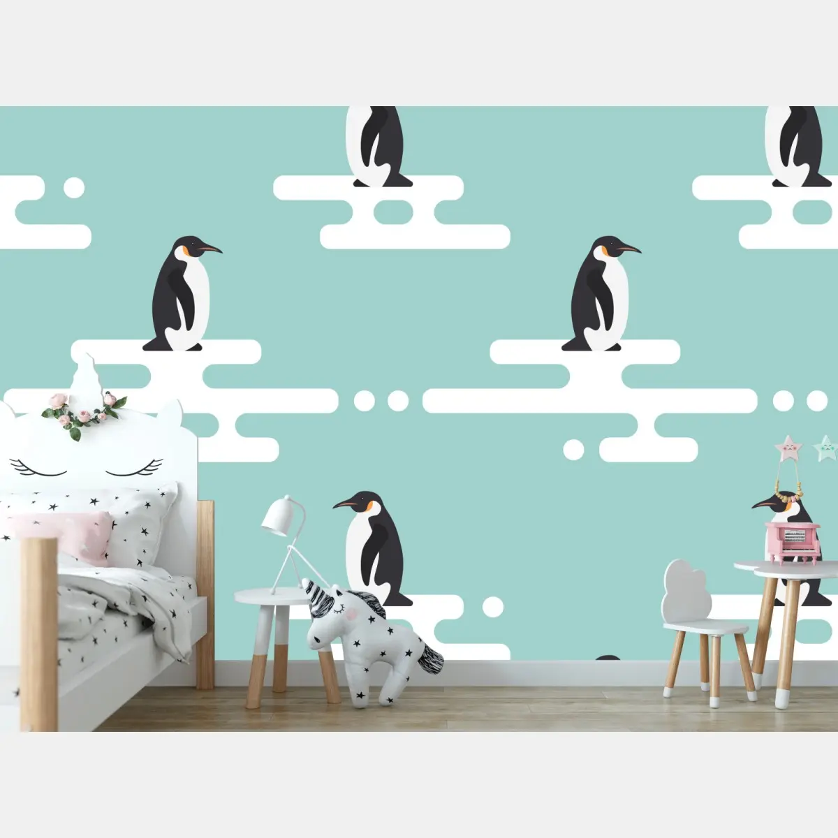 Fototapete süßes pinguinmuster in pastell-türkis – Wallnifity®