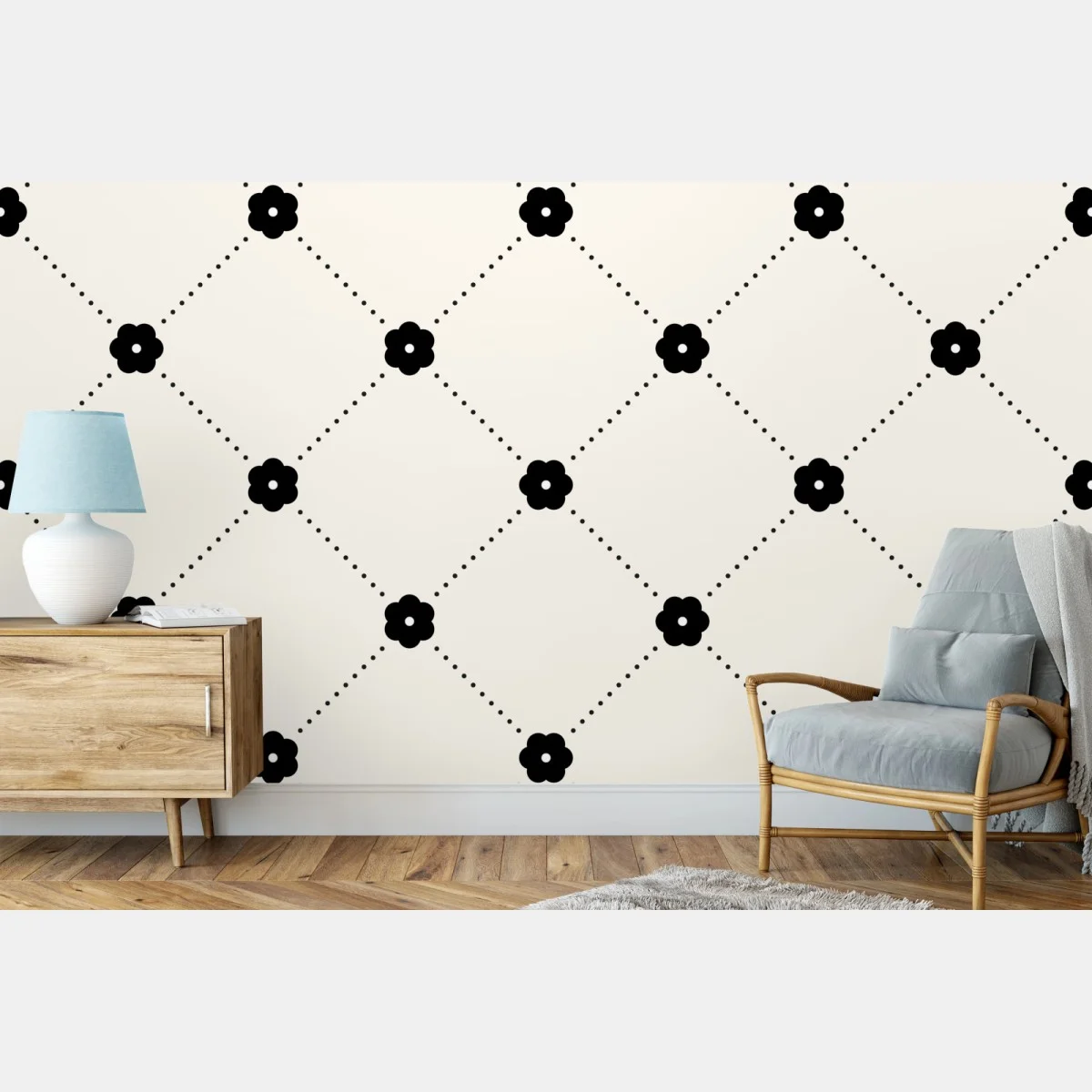 Fototapete minimalistisches schwarzes blumen-rautenmuster – Wallnifity® Fototapete minimalistisches schwarzes blumen-rautenmuster – Wallnifity®