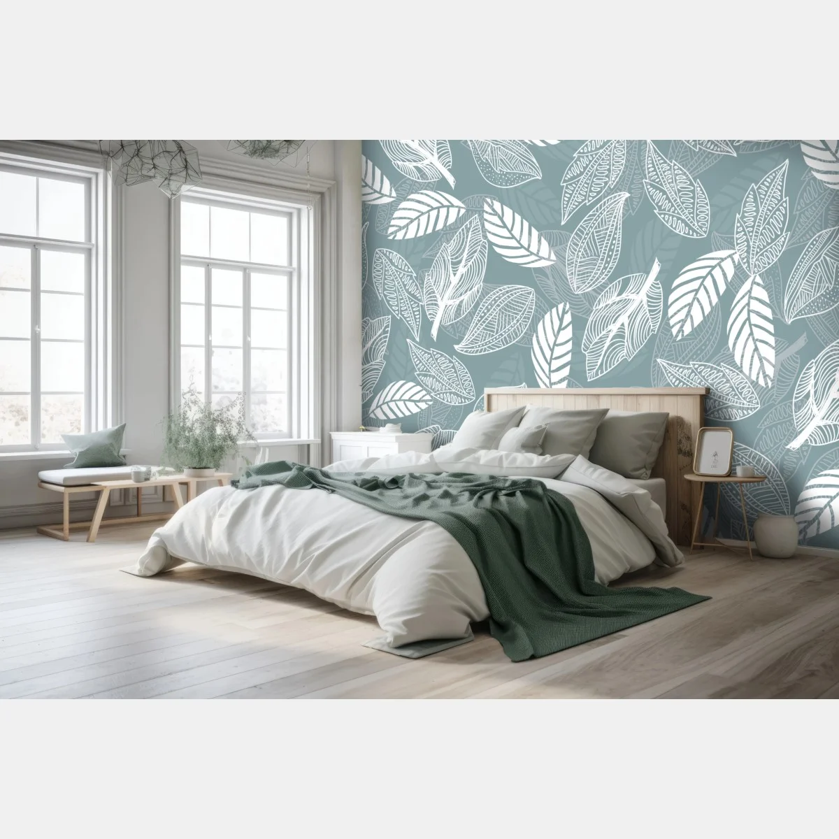 Fototapete handgezeichnetes blättermuster auf türkisfarbenem hintergrund – Wallnifity® Fototapete handgezeichnetes blättermuster auf türkisfarbenem hintergrund – Wallnifity®
