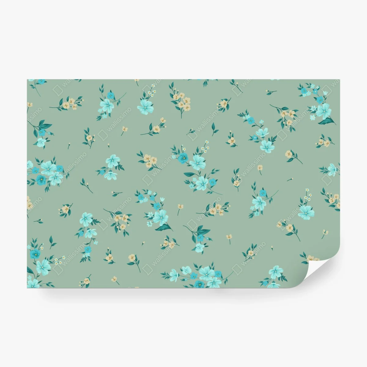 Fototapete pastell türkis blumenmuster auf salbeigrünem hintergrund – Wallnifity®