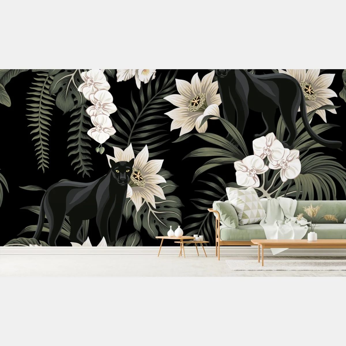 Fototapete botanisches muster mit schwarzem panther – Wallnifity® Fototapete botanisches muster mit schwarzem panther – Wallnifity®