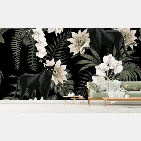 Fototapete botanisches muster mit schwarzem panther – Wallnifity®