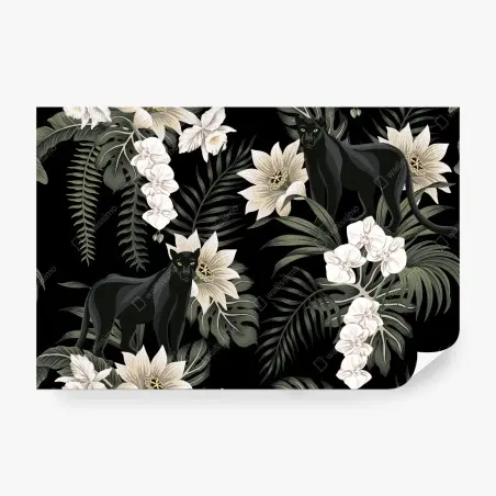 Fototapete botanisches muster mit schwarzem panther – Wallnifity®