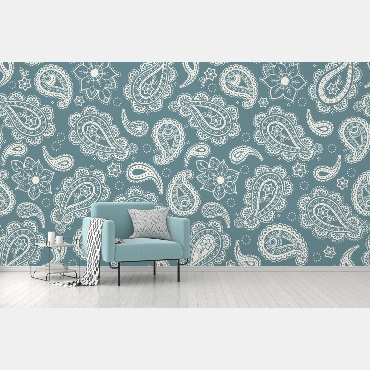 Fototapete türkis paisley muster mit blumendetails – Wallnifity®
