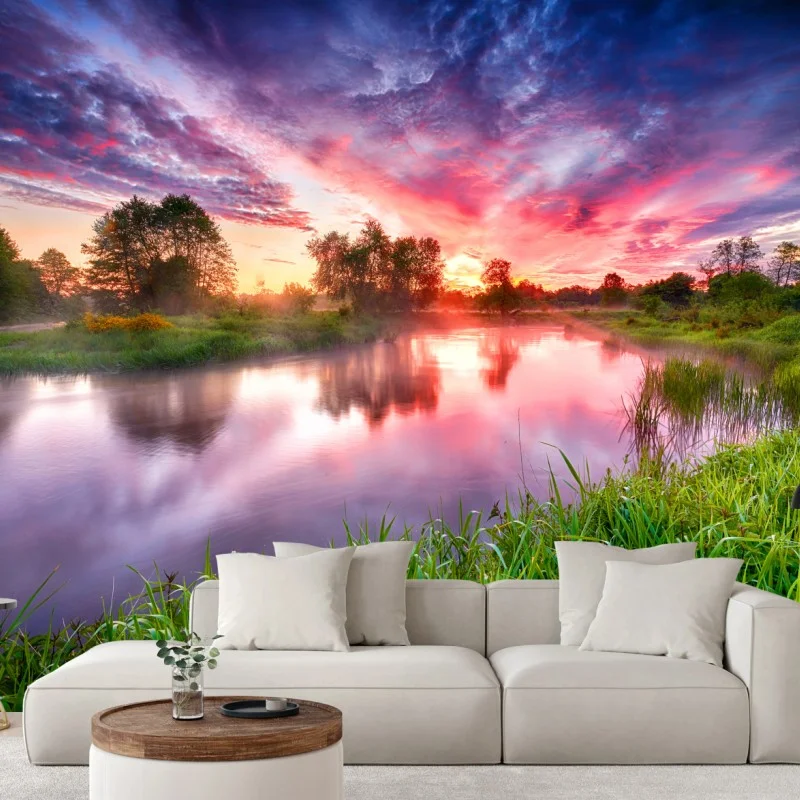 Fototapete ruhiger sommer sonnenaufgang am flussufer