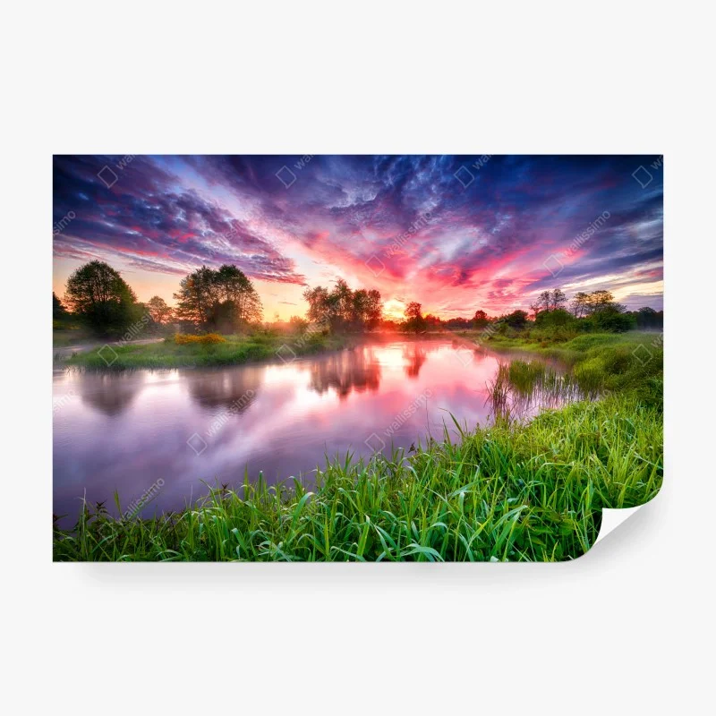 Fototapete ruhiger sommer sonnenaufgang am flussufer – Wallnifity®