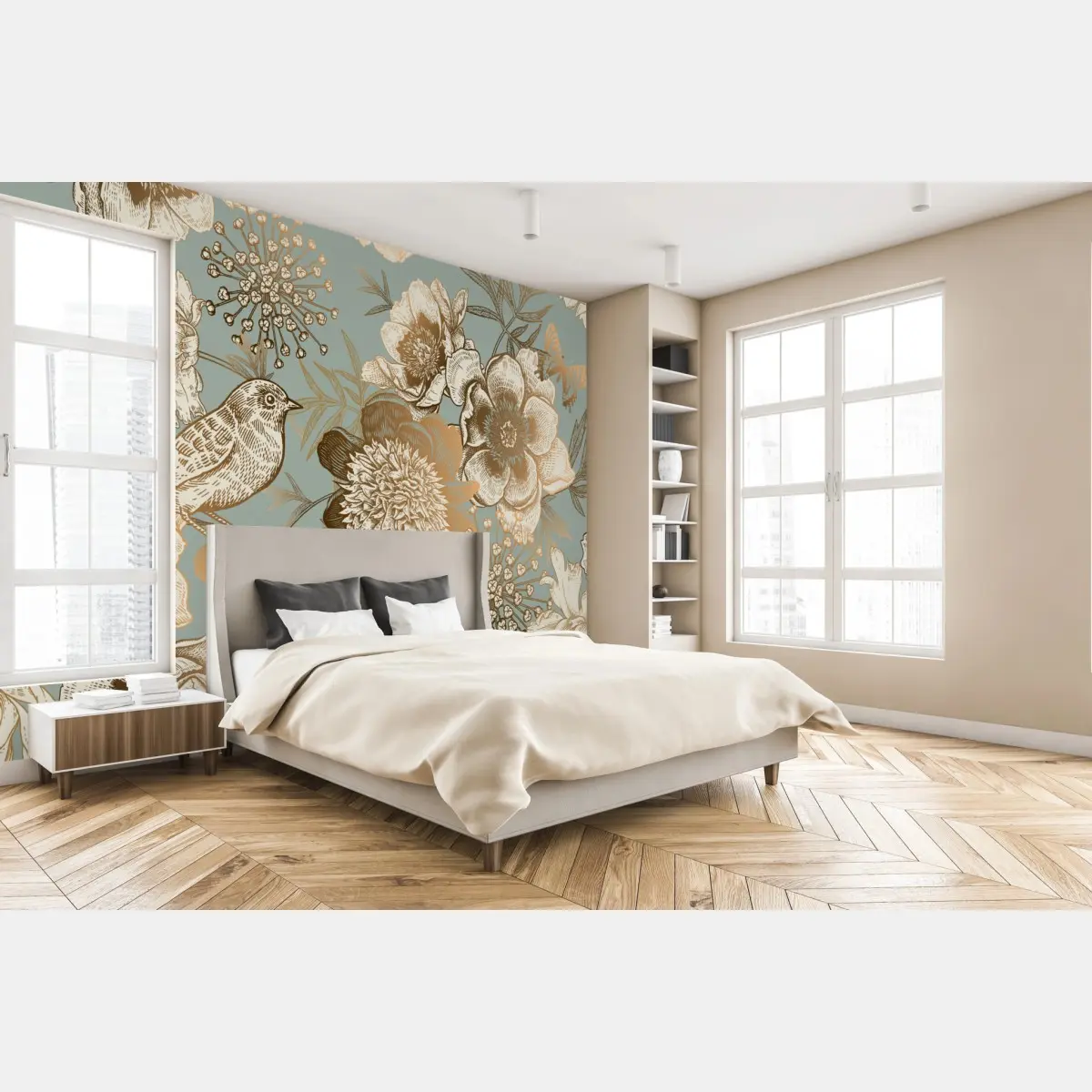 Fototapete vintage botanisches blumenmotiv mit vogel – Wallnifity®