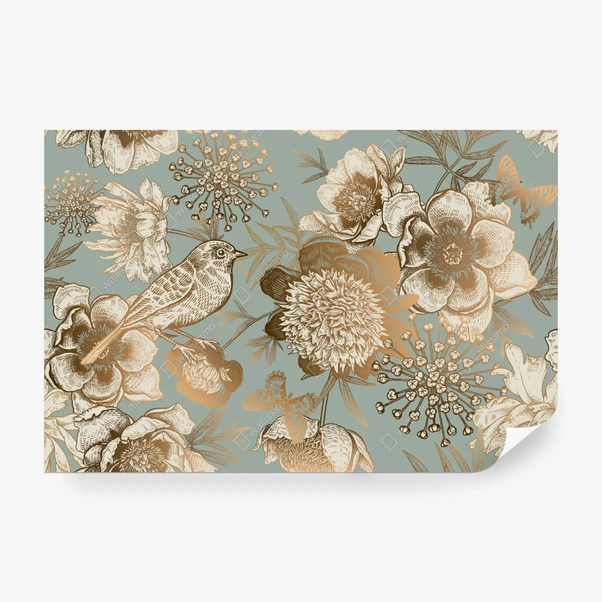 Fototapete vintage botanisches blumenmotiv mit vogel – Wallnifity®