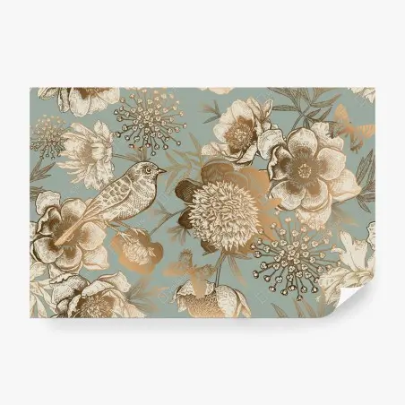 Fototapete vintage botanisches blumenmotiv mit vogel – Wallnifity®
