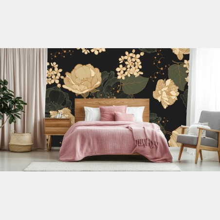 Fototapete goldene pfingstrosen vor dunklem botanischem hintergrund – Wallnifity®
