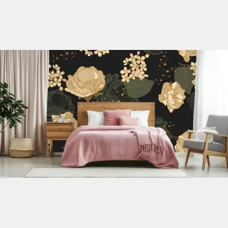 Fototapete goldene pfingstrosen vor dunklem botanischem hintergrund – Wallnifity®