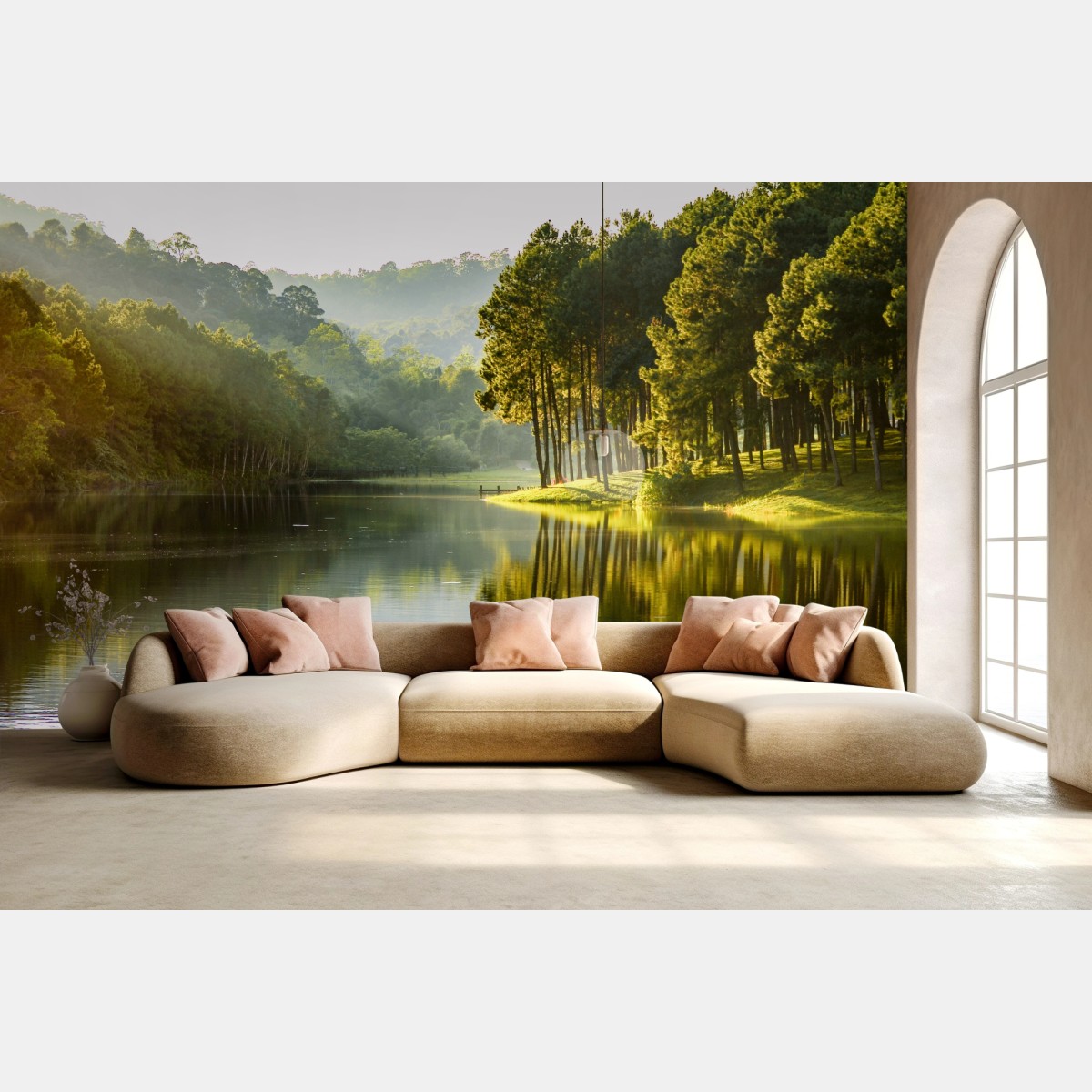 Fototapete ruhiger kiefernwald am stillen see – Wallnifity®