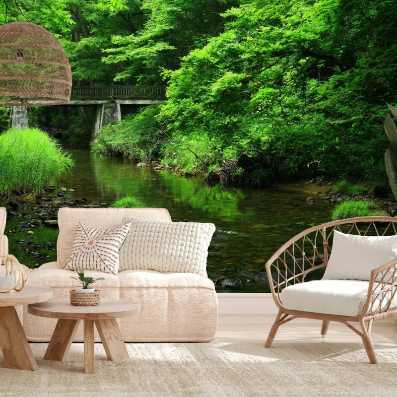 Fototapete üppiger grüner waldbach mit steinbrücke – Wallnifity®