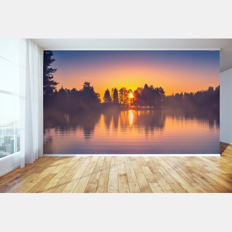 Fototapete nebliger sonnuntergang am see – Wallnifity®