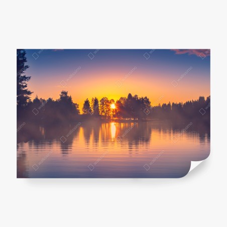 Fototapete nebliger sonnuntergang am see – Wallnifity®
