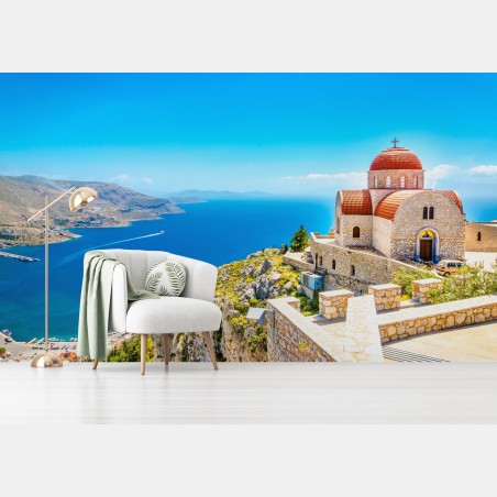 Fototapete griechische kirche auf klippe über dem meer – Wallnifity®