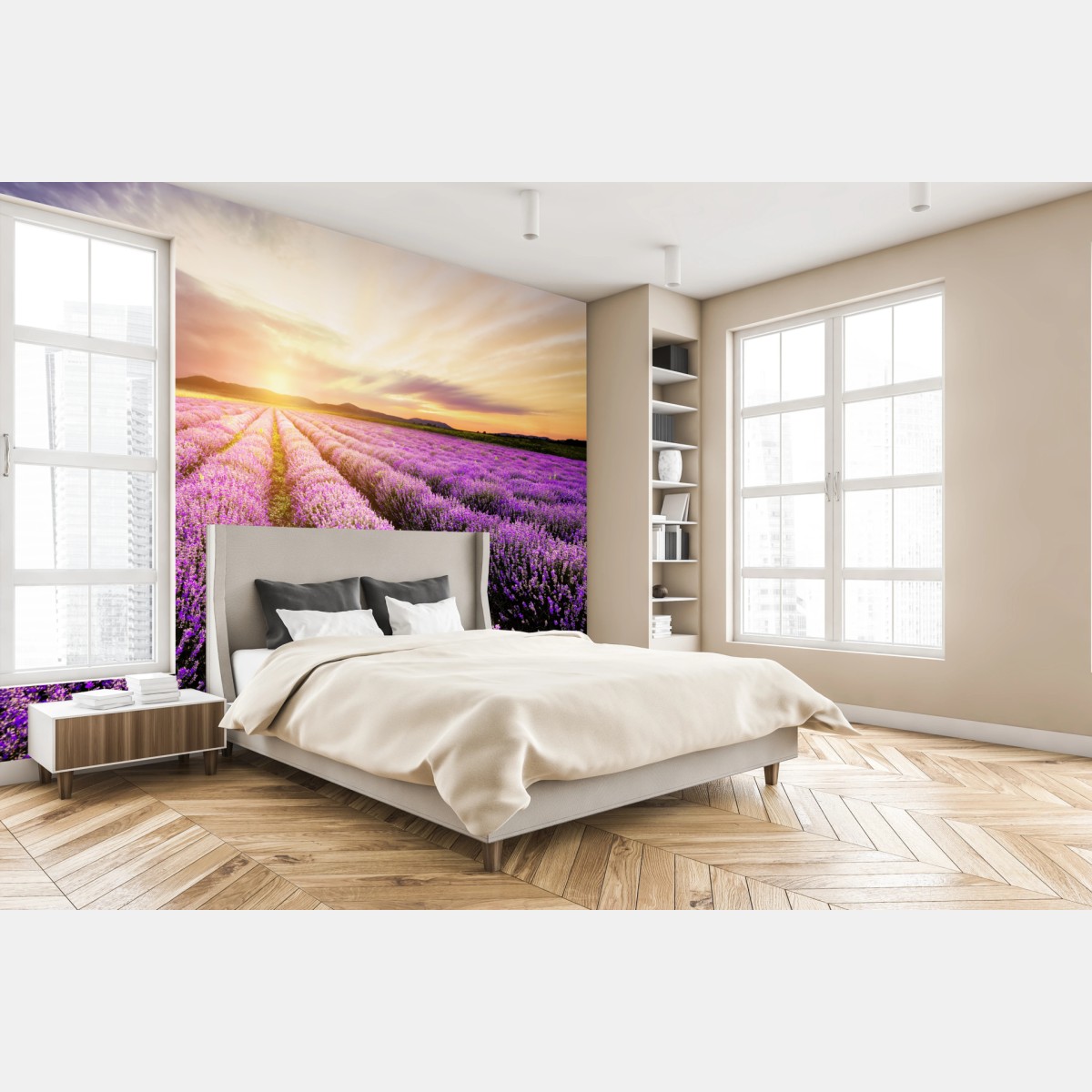 Fototapete sonnenaufgang über lavendelfeldern – Wallnifity®