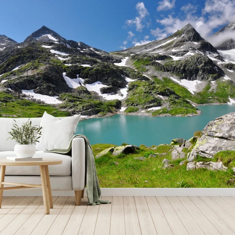 Fototapete bergsee mit türkiswasser und gebirgspanorama – Wallnifity®