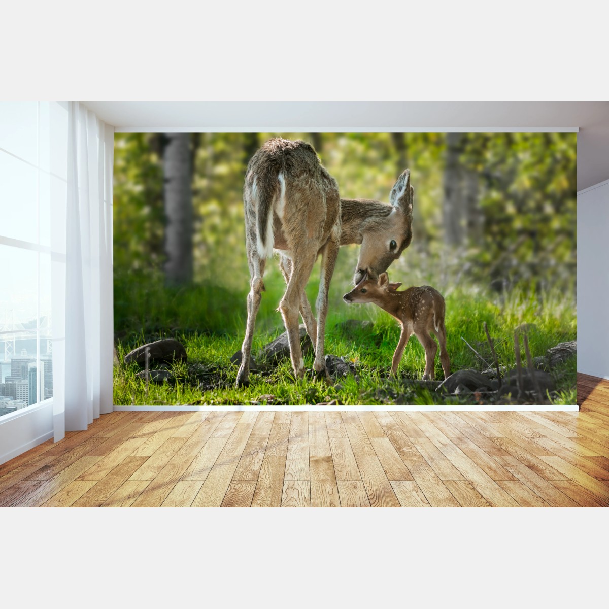 Fototapete hirsch und kitz im sonnendurchfluteten wald – Wallnifity®