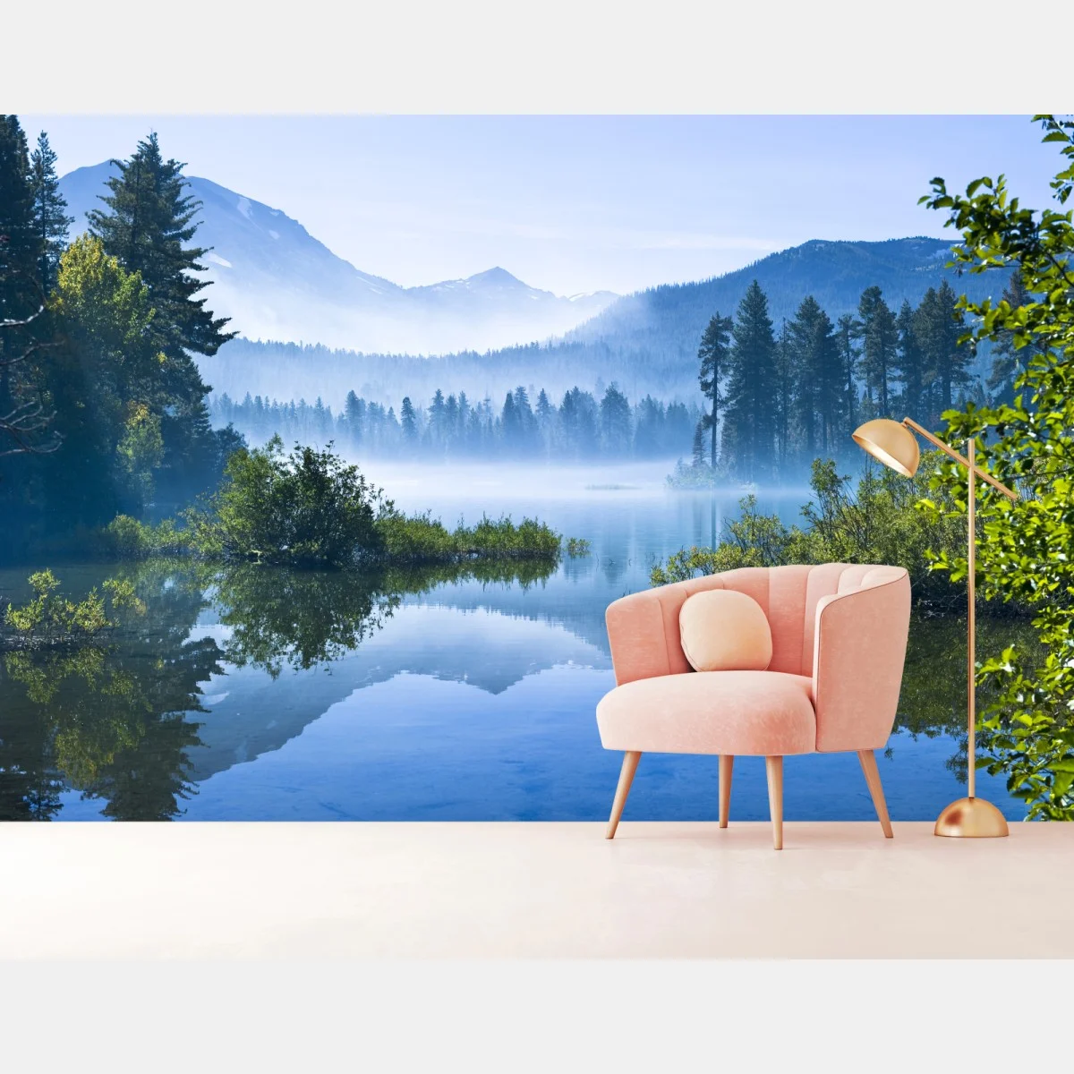 Fototapete nebliger bergsee mit spiegelnder oberfläche – Wallnifity® Fototapete nebliger bergsee mit spiegelnder oberfläche – Wallnifity®