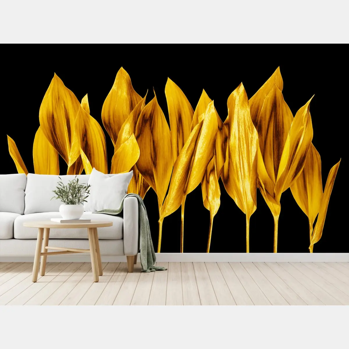 Fototapete goldene blätter auf schwarzem hintergrund – Wallnifity®
