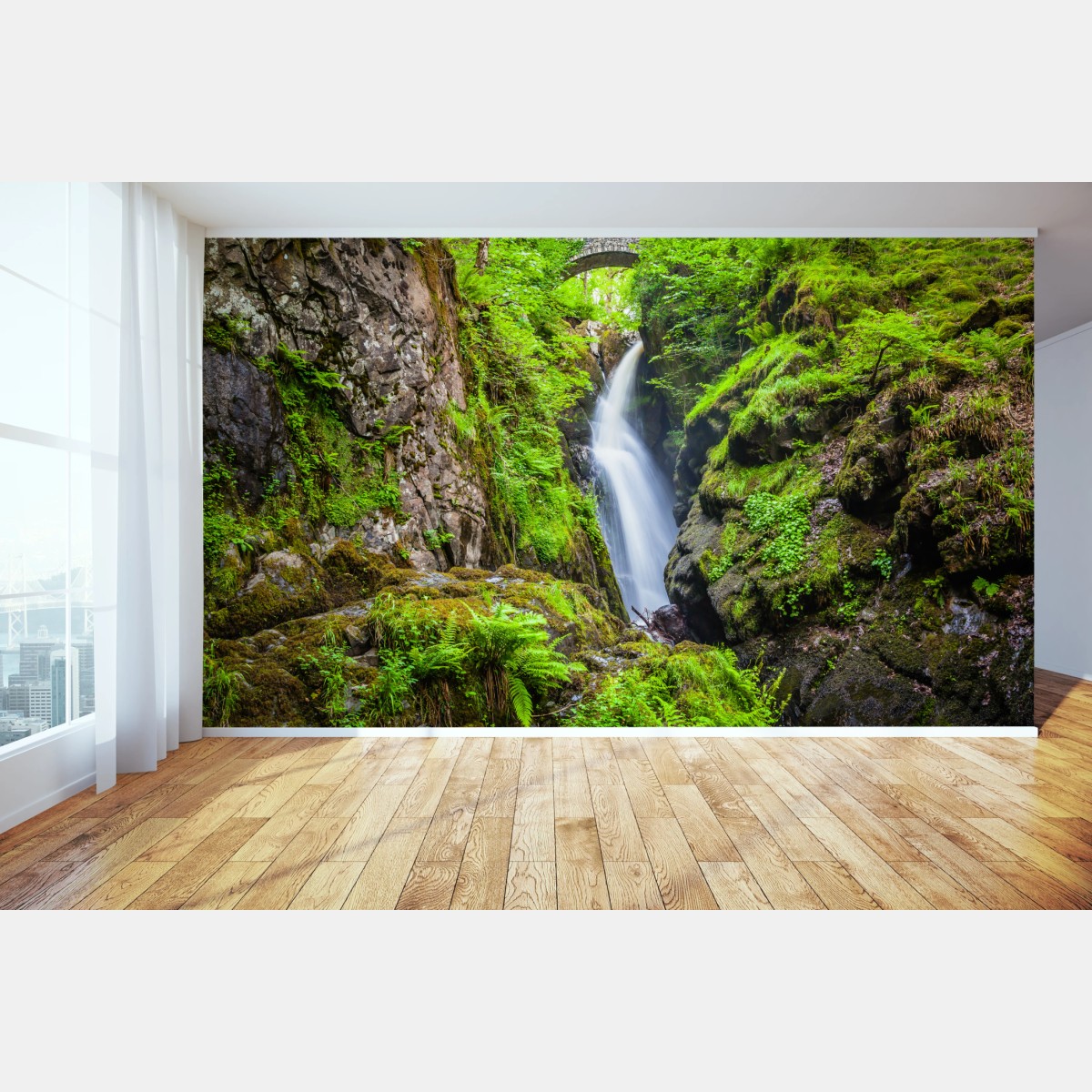 Fototapete wasserfall in moosiger schlucht mit steinbrücke – Wallnifity®