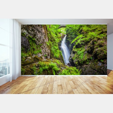 Fototapete wasserfall in moosiger schlucht mit steinbrücke – Wallnifity®