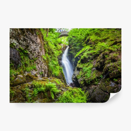 Fototapete wasserfall in moosiger schlucht mit steinbrücke – Wallnifity®