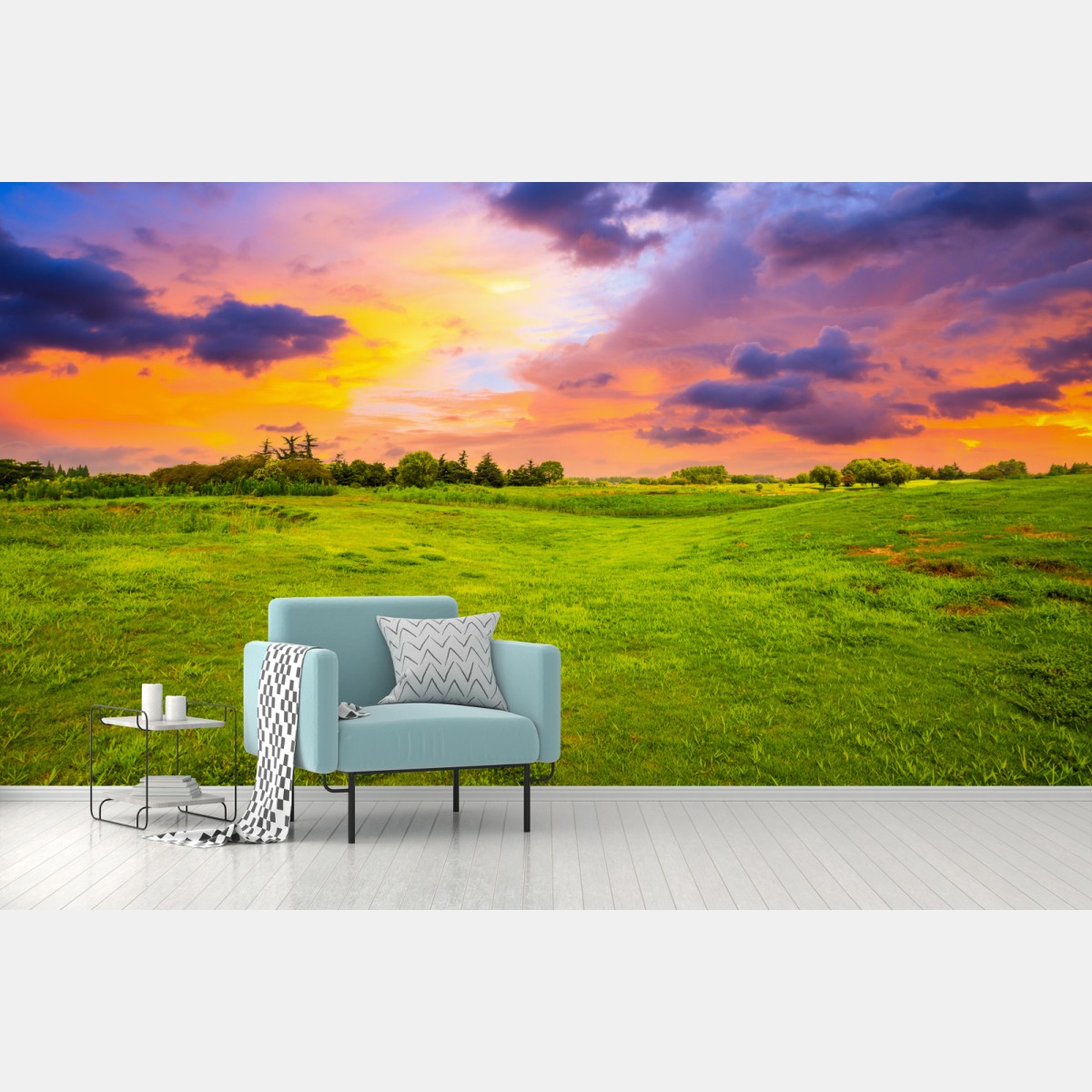 Fototapete sonnenuntergang über grüner wiese – Wallnifity®