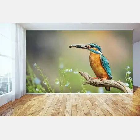 Fototapete eisvogel auf einem ast mit fisch – Wallnifity®