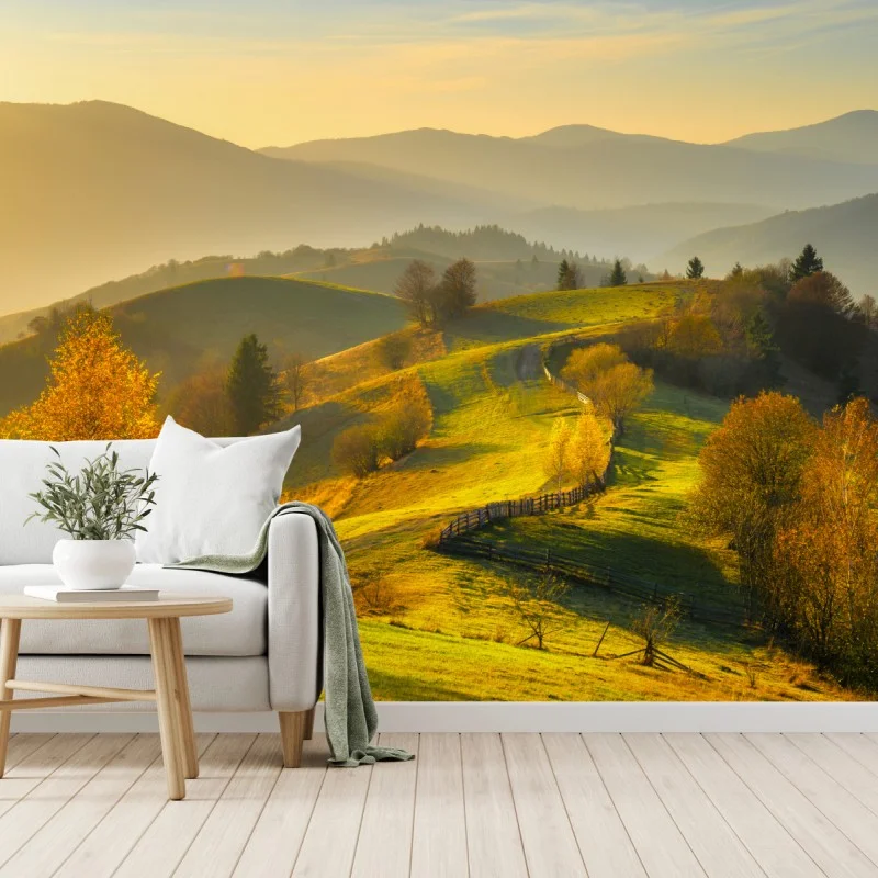 Fototapete goldene herbsthügel bei sonnenuntergang – Wallnifity® Fototapete goldene herbsthügel bei sonnenuntergang – Wallnifity®
