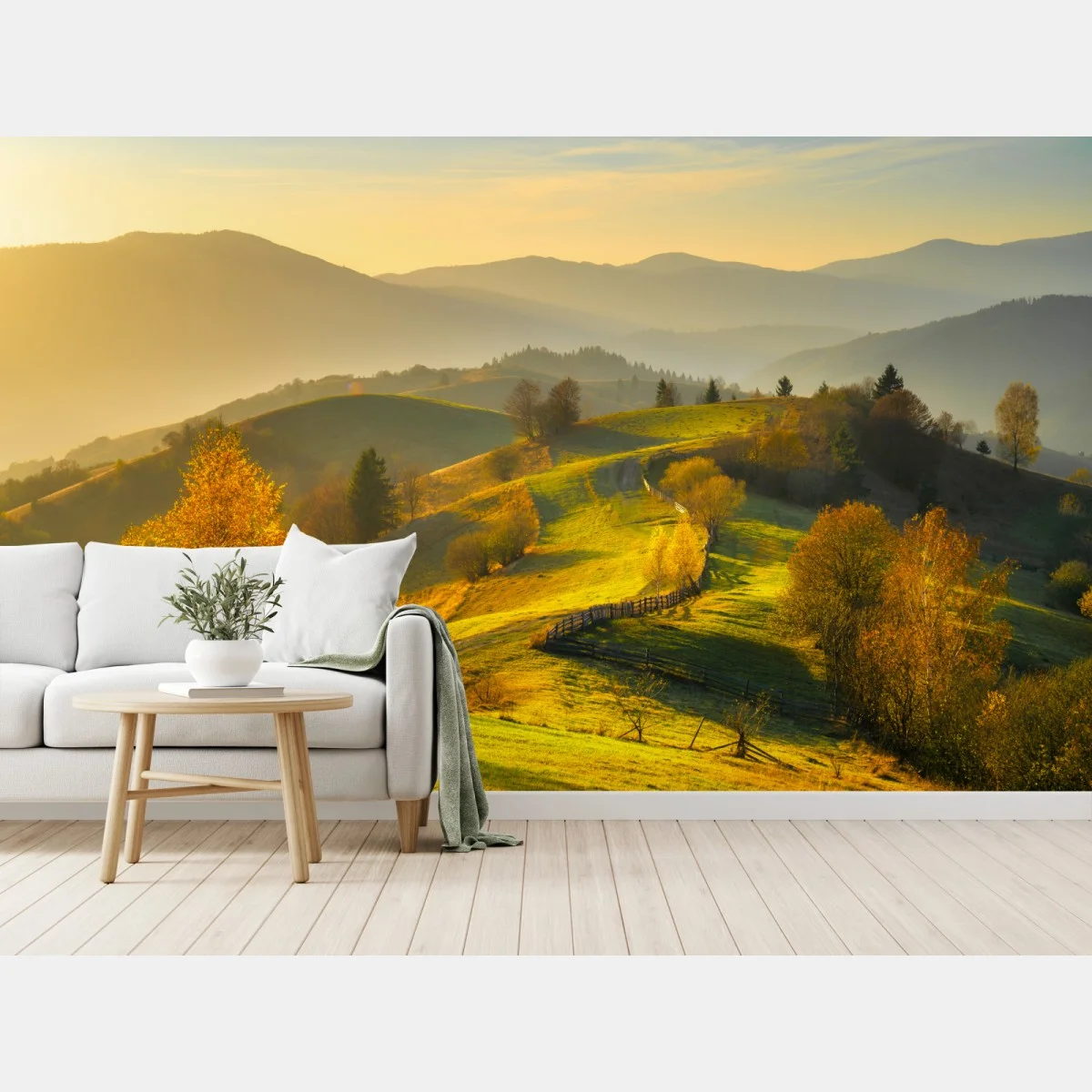 Fototapete goldene herbsthügel bei sonnenuntergang – Wallnifity® Fototapete goldene herbsthügel bei sonnenuntergang – Wallnifity®