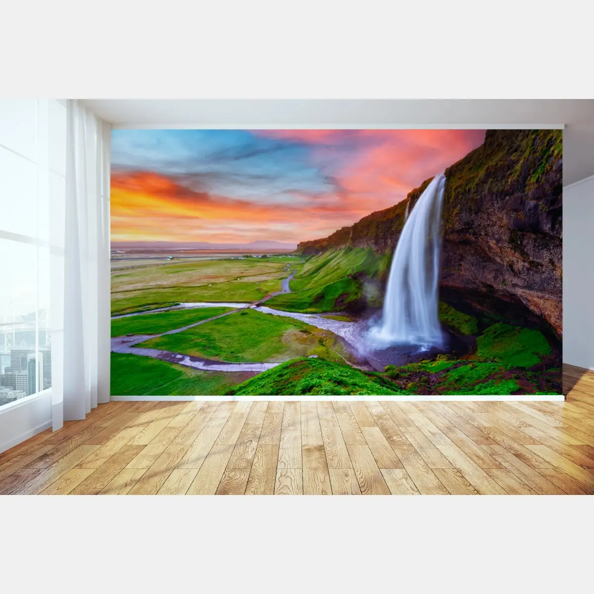 Fototapete wasserfall Seljalandsfoss bei sonnenuntergang – Wallnifity®
