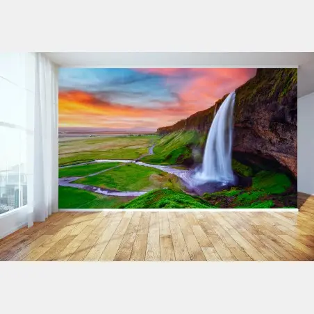 Fototapete wasserfall Seljalandsfoss bei sonnenuntergang – Wallnifity®