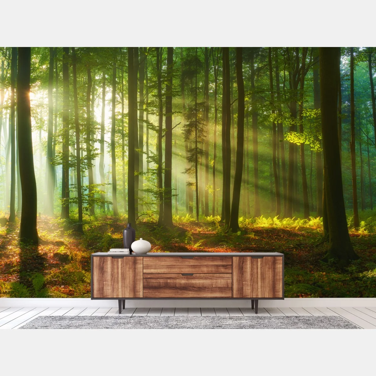 Fototapete morgendliches licht im grünen wald – Wallnifity® Fototapete morgendliches licht im grünen wald – Wallnifity®