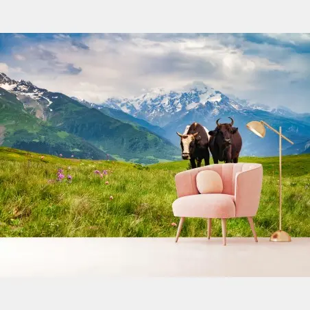 Fototapete alpenwiese mit grastenden kühen – Wallnifity®